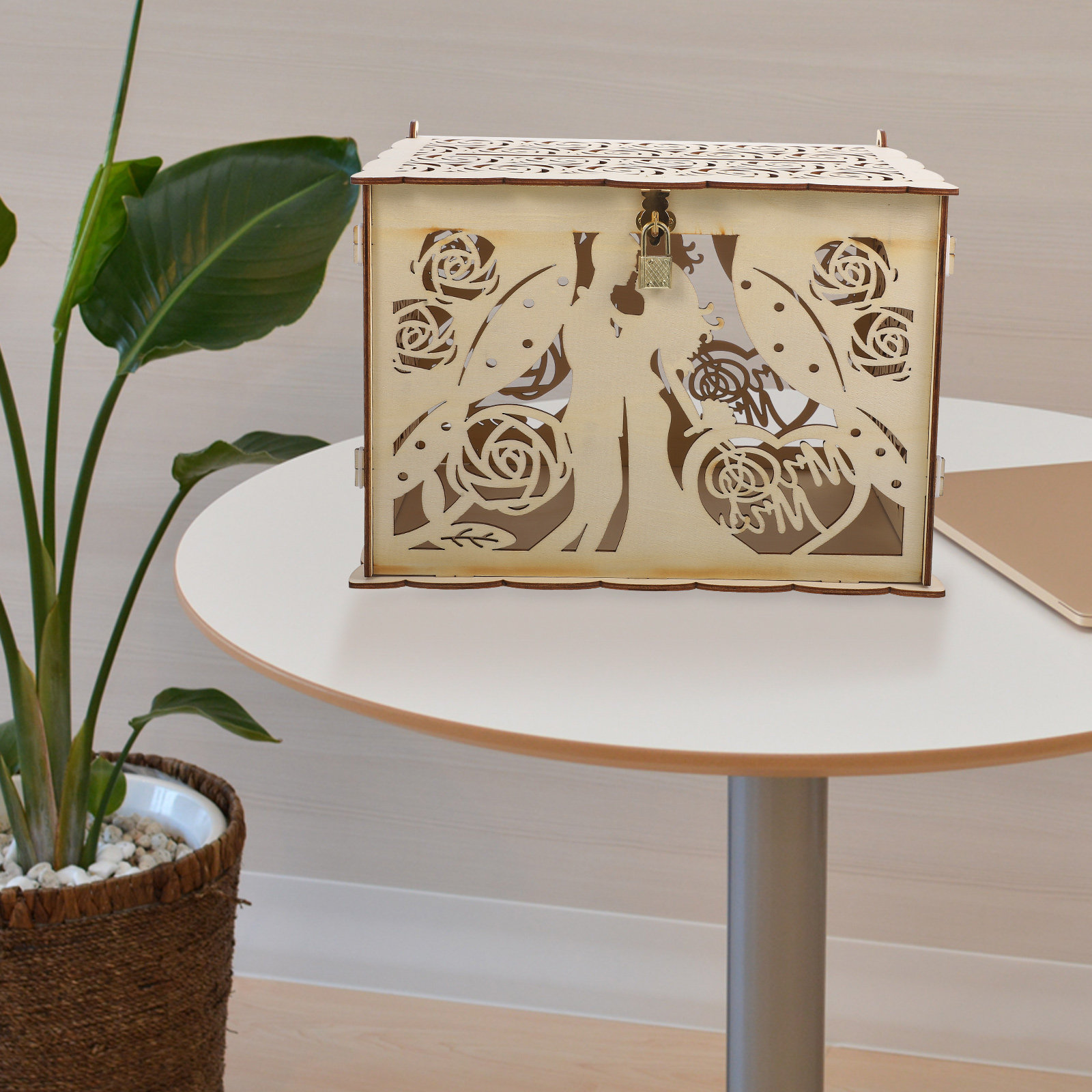 Hollowed Out Rustic Wooden Wed - Wedding Card Box 评论和价格